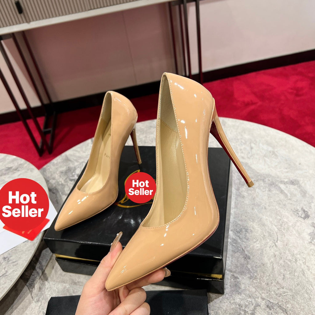 Apricot patent leather high heels, 12cm heel.