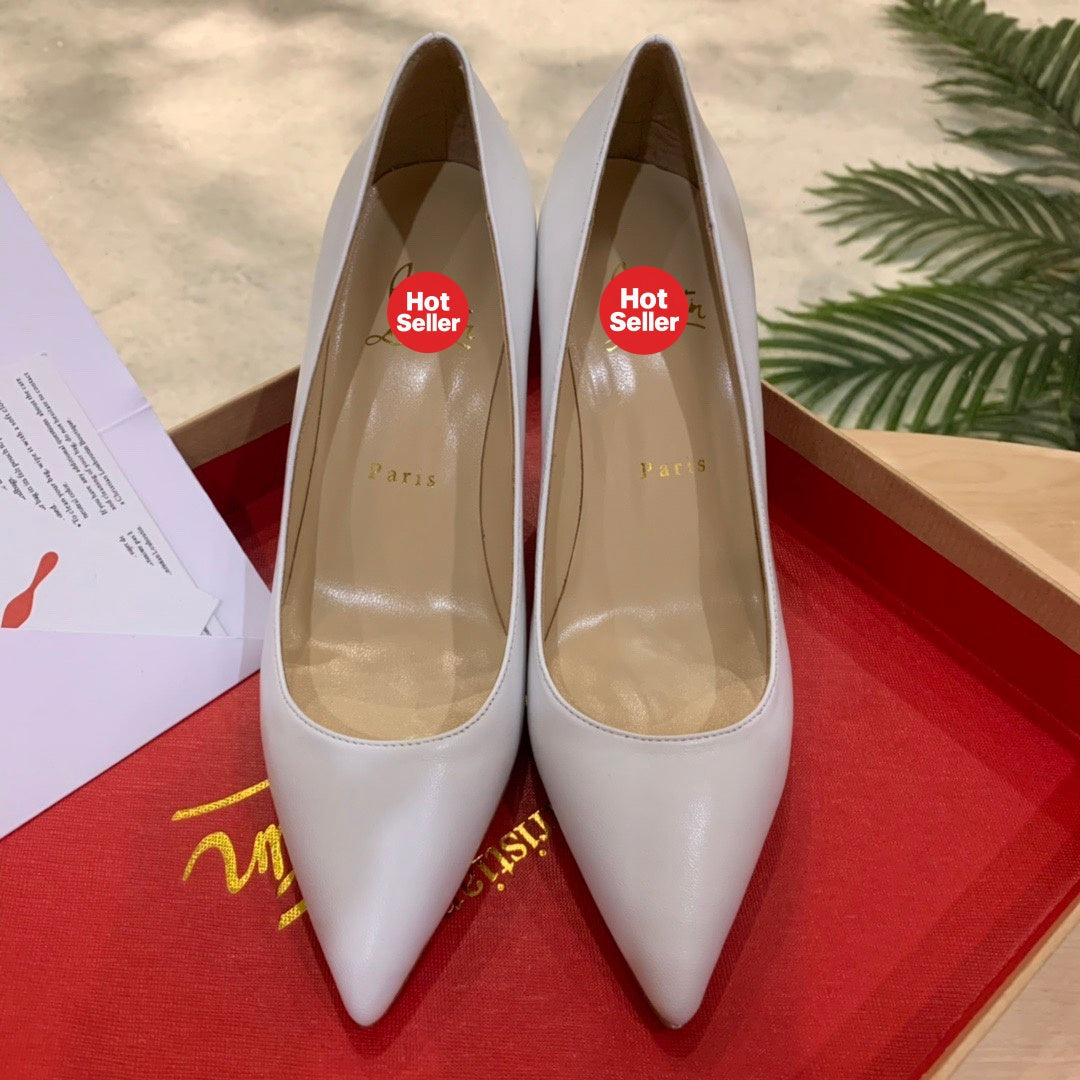 White cowhide high heels, 8.5cm heel.
