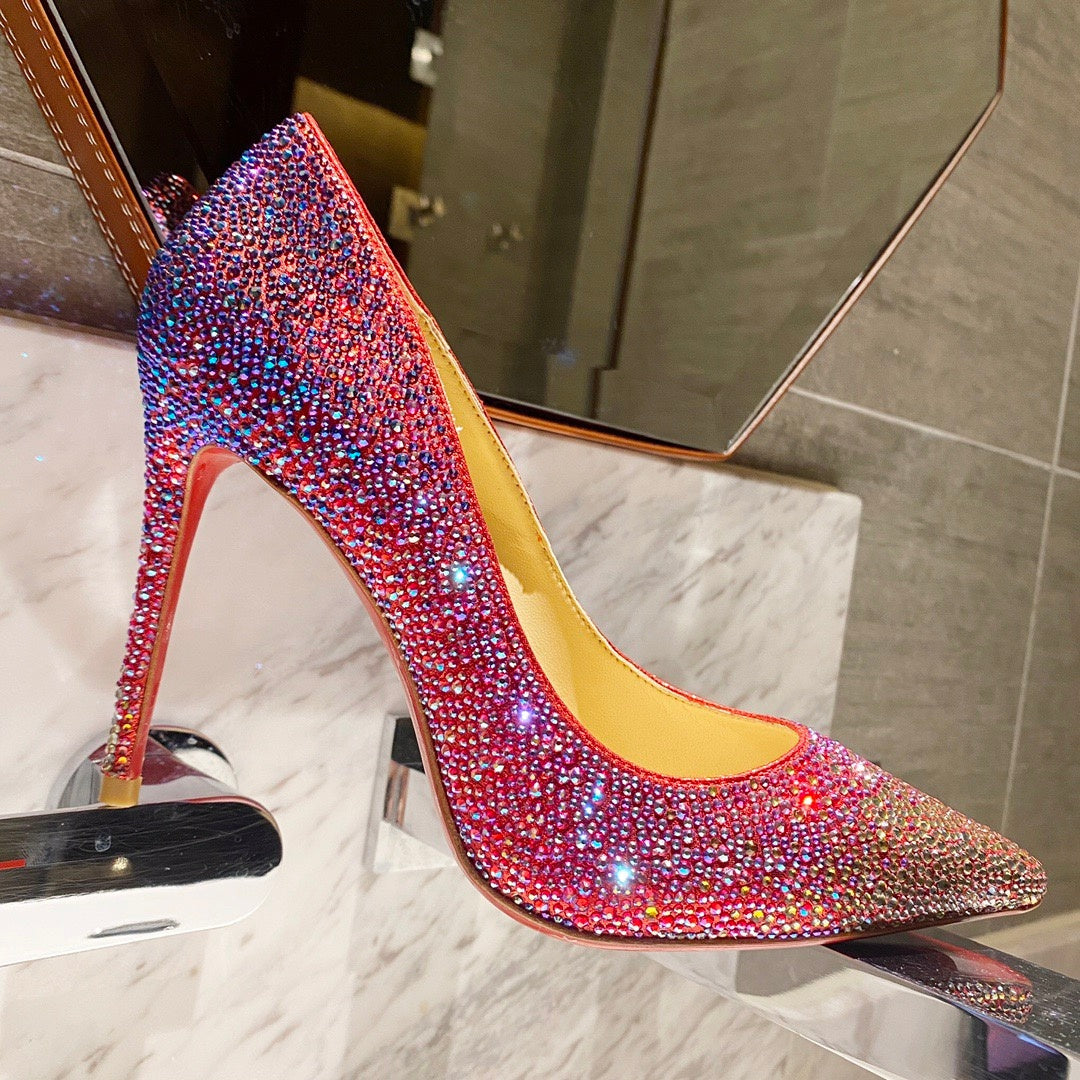 Red fully embellished high heels, 10cm heel.