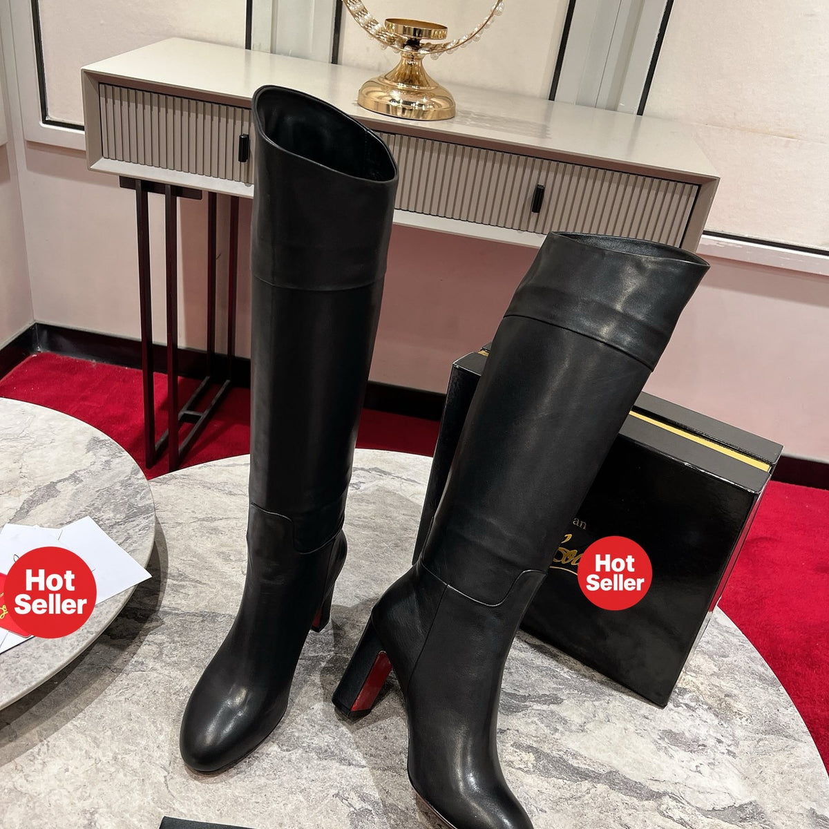 Black leather tall boots, 8.5cm heel.