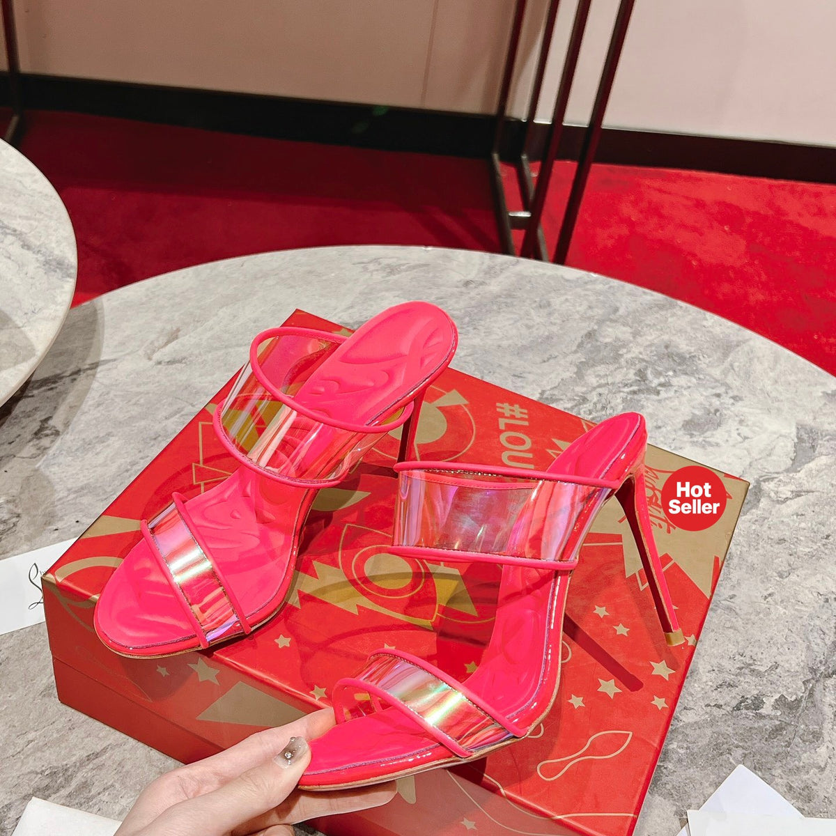 Magenta high-heeled mules, 10cm heel.