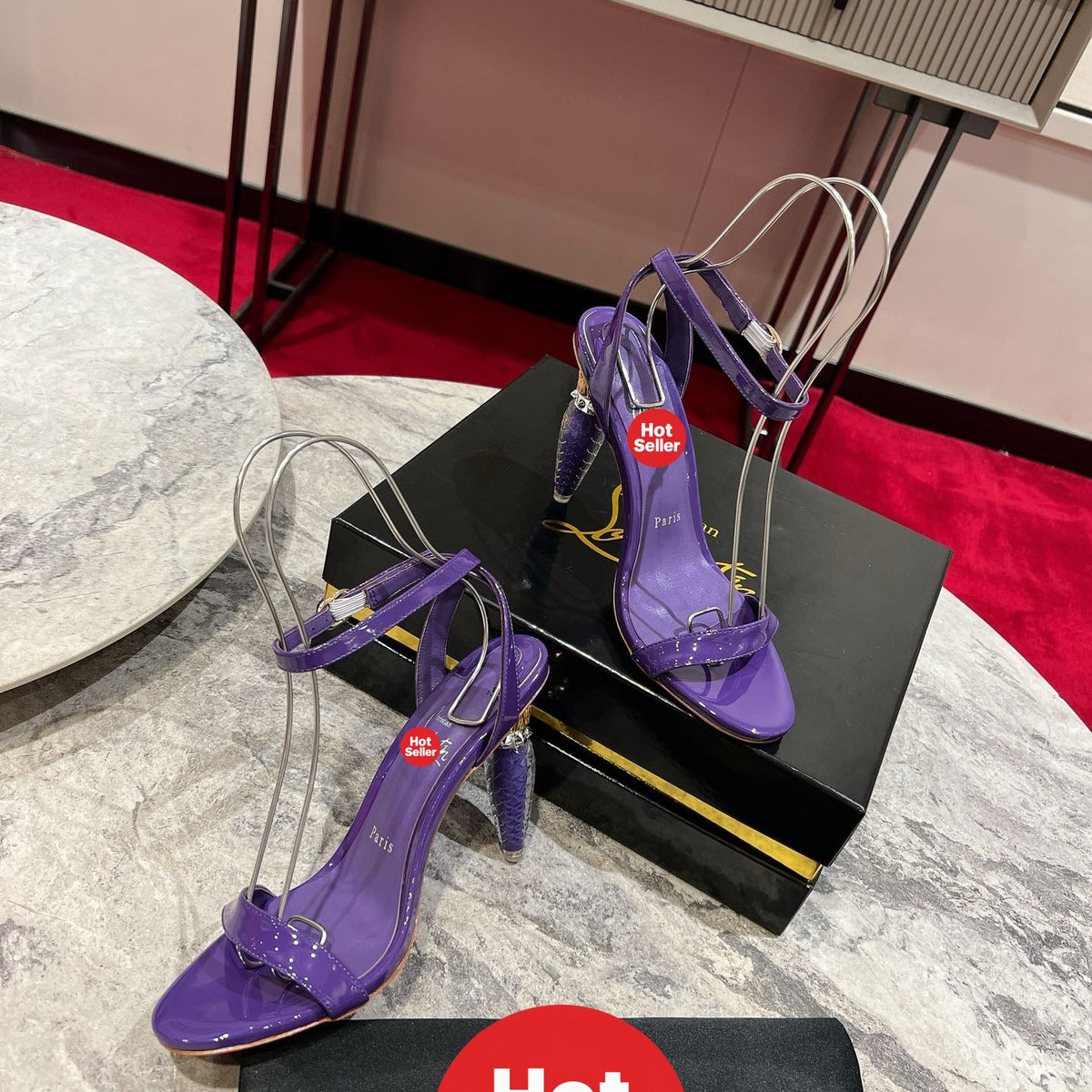 Purple lipstick and high heels with 10cm heels.