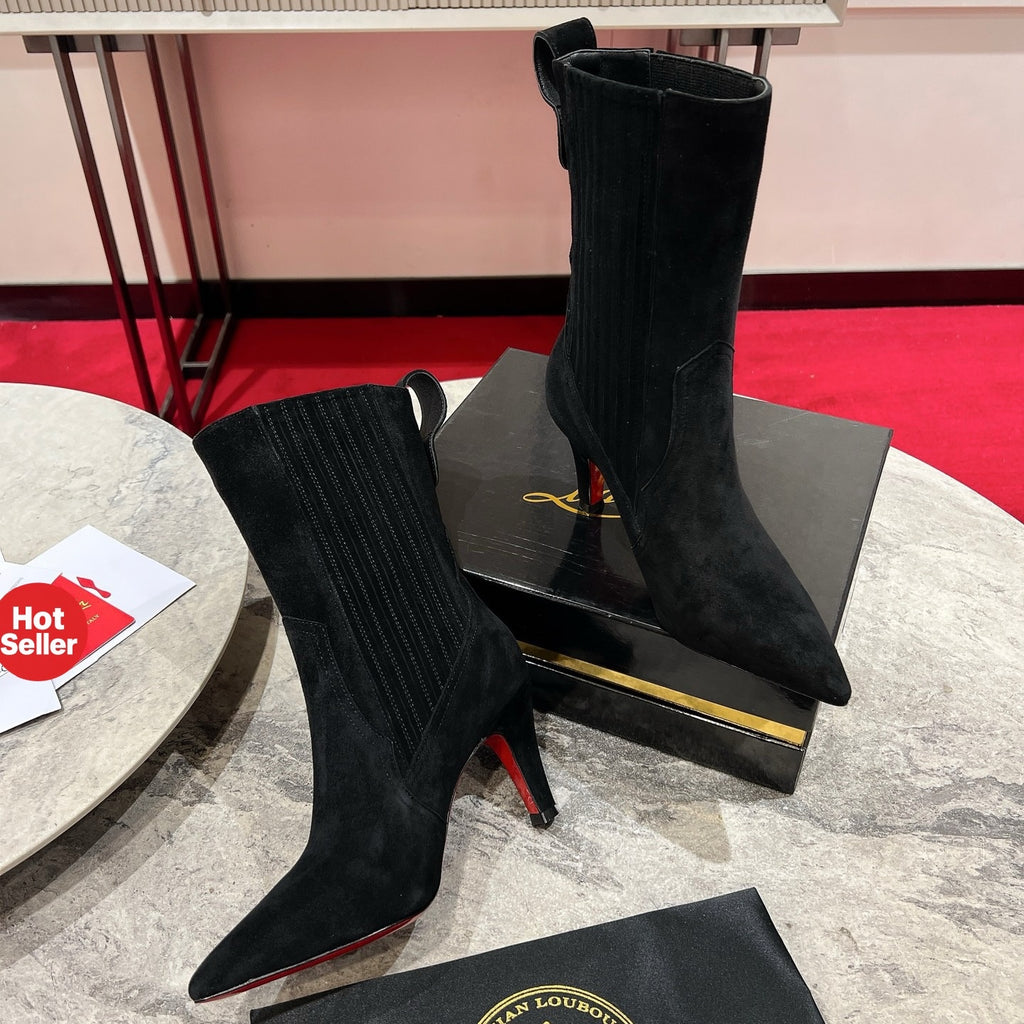 Black sheep suede mid-calf boots, 10cm heel.
