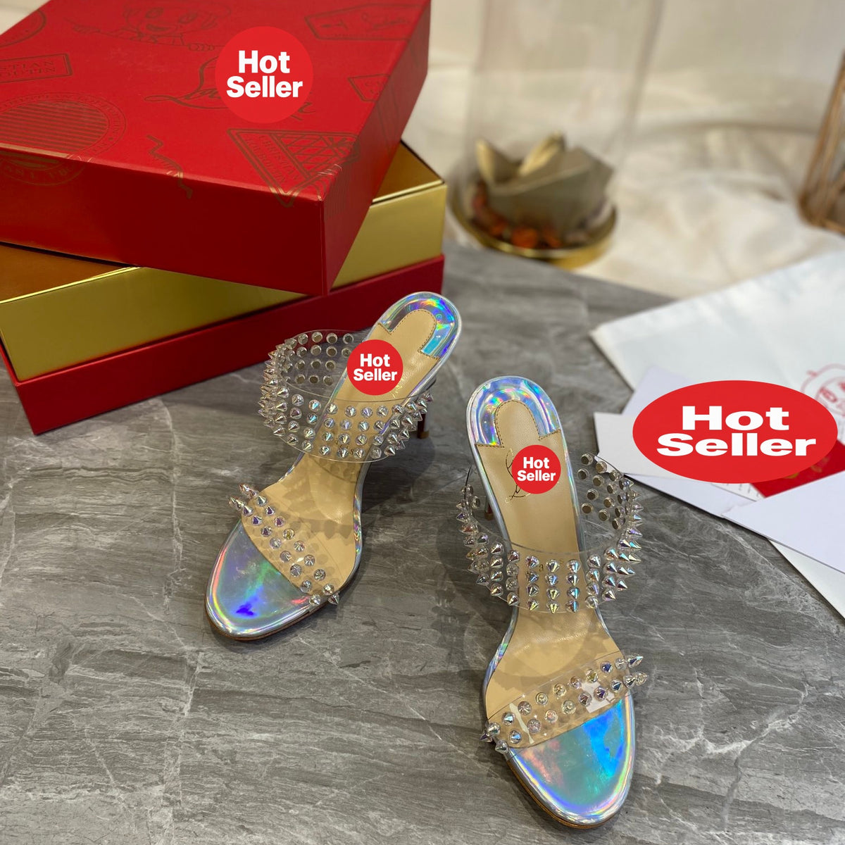 Studded PVC High-Heeled Mules (10cm Heel)
