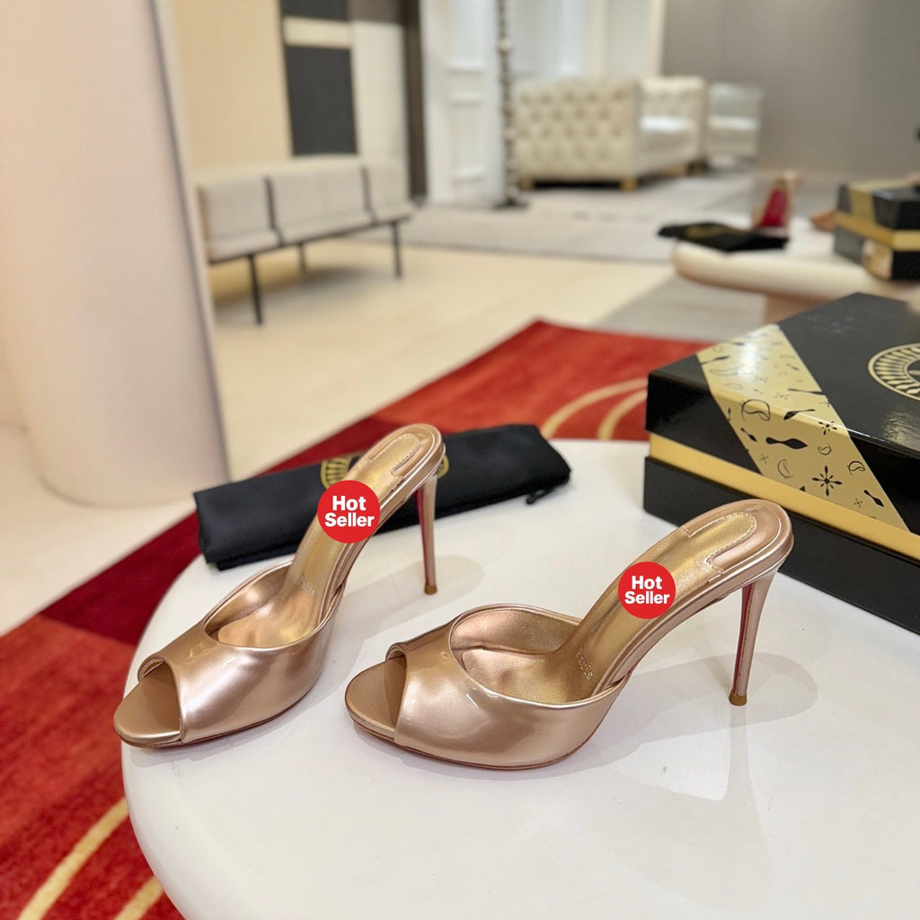 Peep-toe high-heeled mules, 10cm heel.