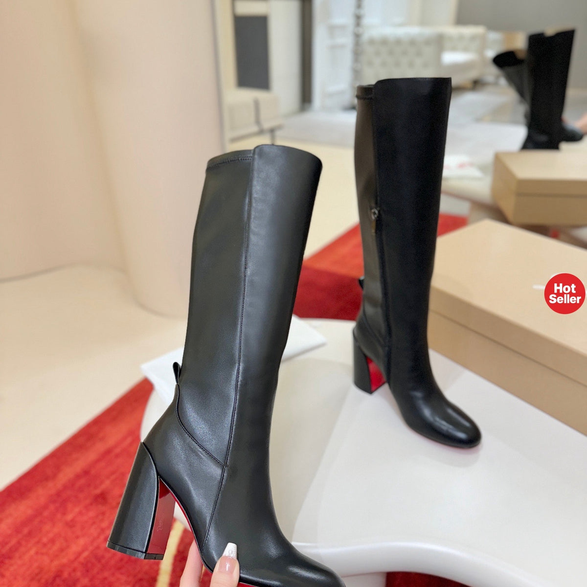 Premium black leather tall boots, 8.5cm heel.