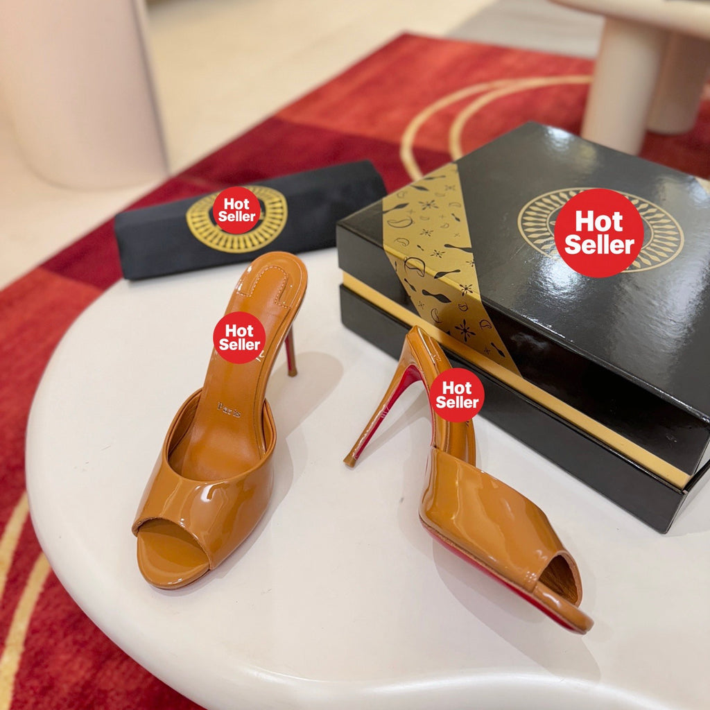 Dark brown patent leather peep-toe high-heeled mules (10cm heel)