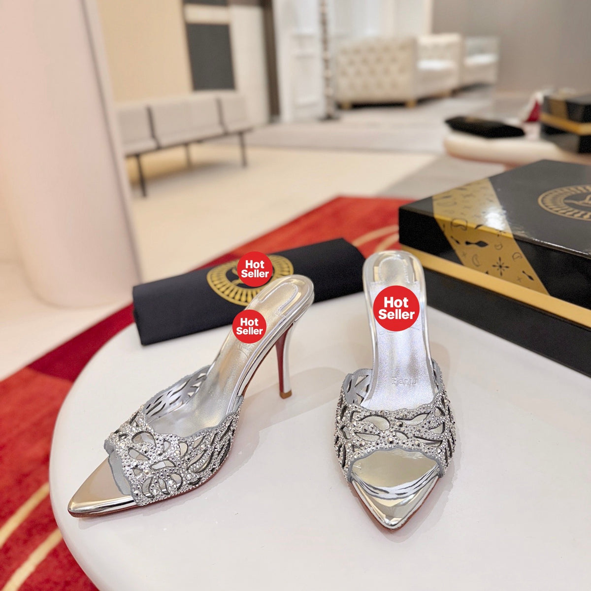 Cut-out fully rhinestone-encrusted high-heeled mules (10cm heel)