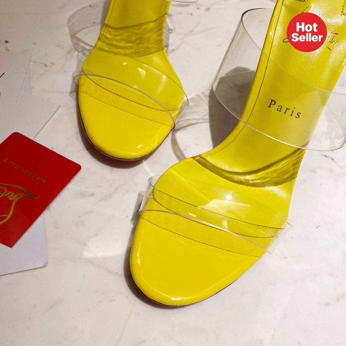Yellow translucent high-heeled mules, 10cm heel.
