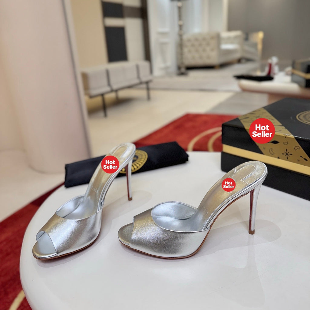 Silver peep-toe high-heeled mules, 10cm heel.