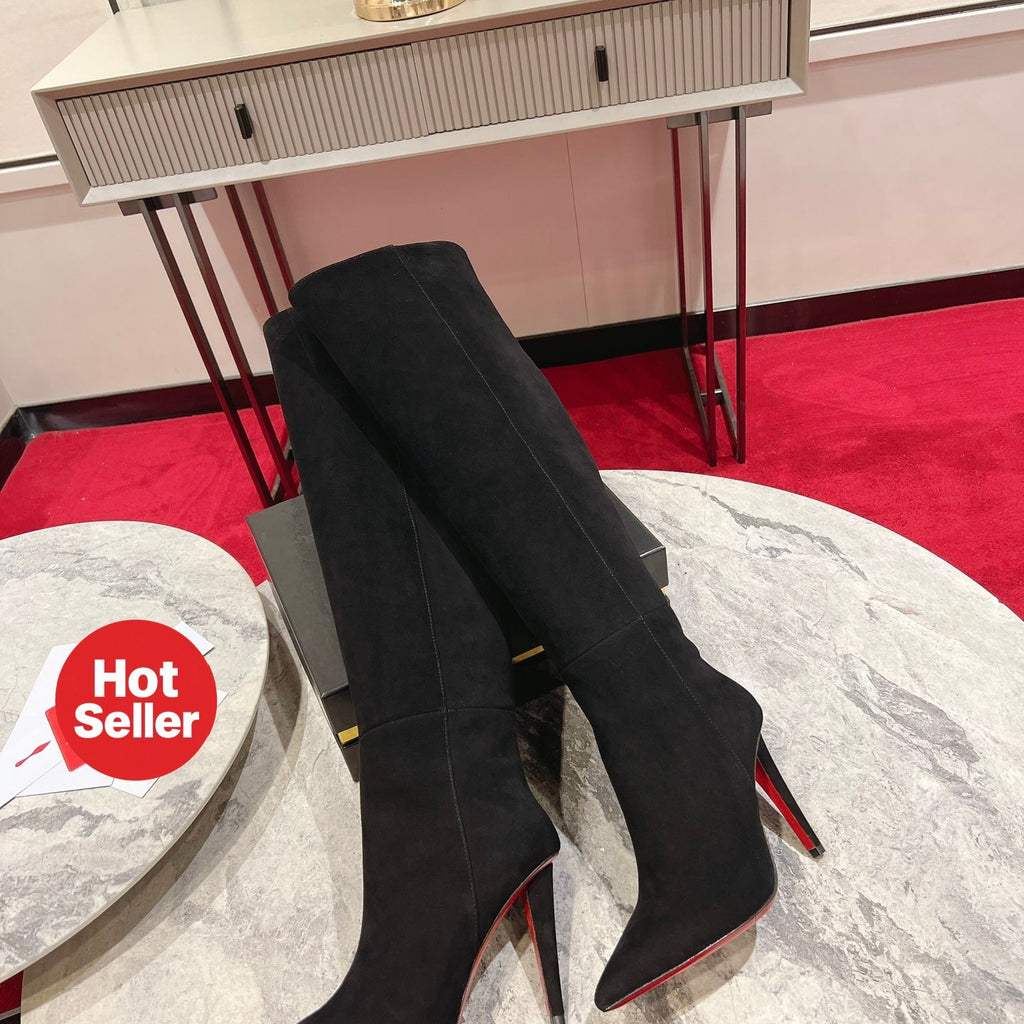 Black suede long boots, 10cm heel.