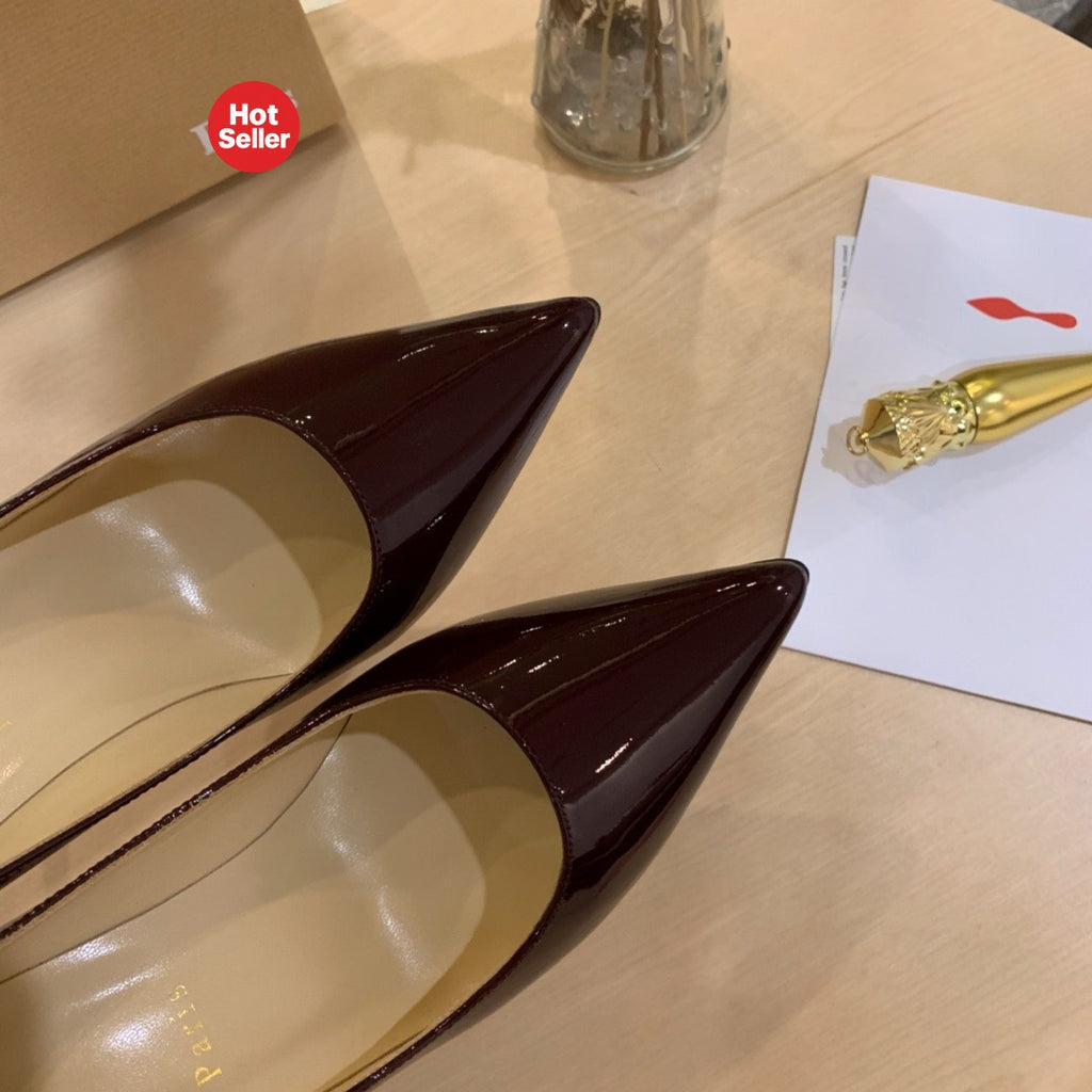 Burgundy patent leather high heels, 10cm heel.