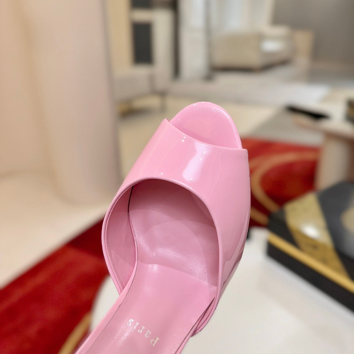 Pink patent leather peep-toe high-heeled mules, 10cm heel.