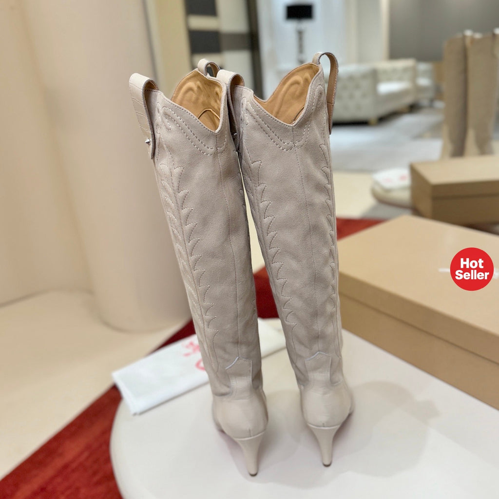 Hand-stitched denim tall boots with 8.5cm heels