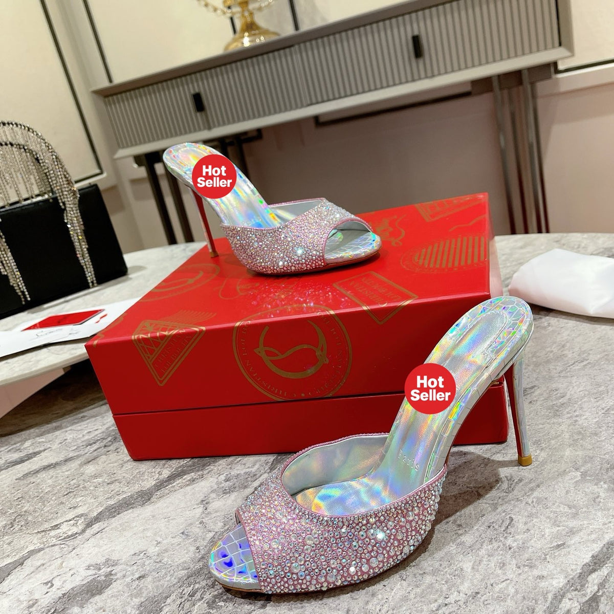 Peep-toe rhinestone high-heeled mules (10cm heel)
