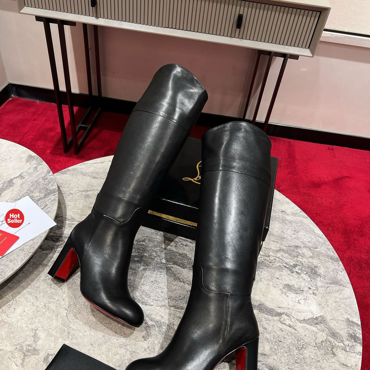 Black leather tall boots, 8.5cm heel.
