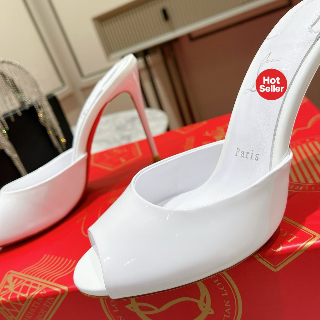 White patent leather peep-toe high-heeled mules, 10cm heel.