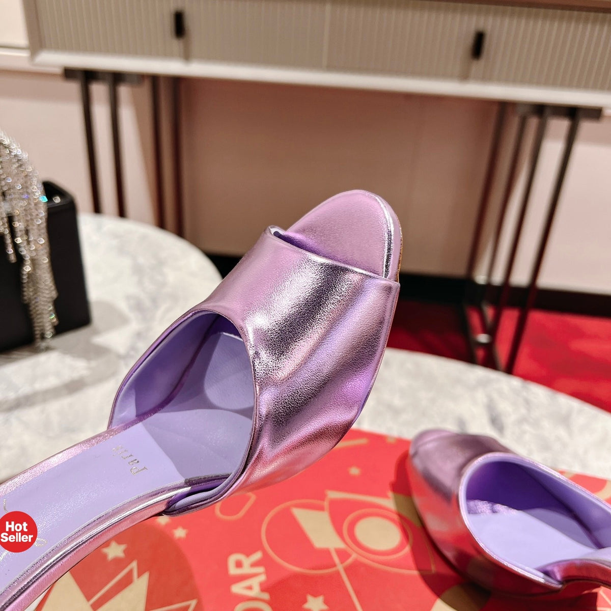 Purple peep-toe high-heeled mules