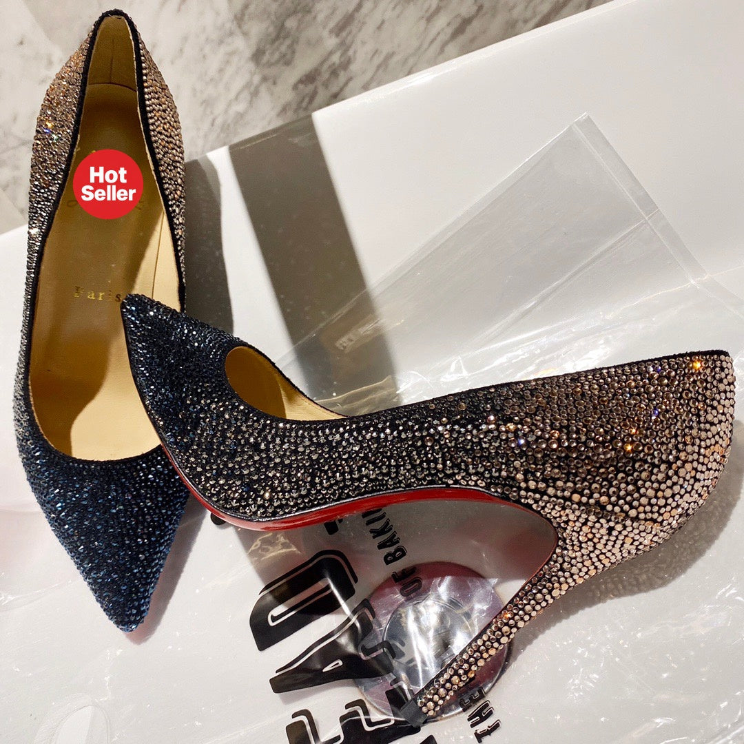 Peacock blue fully rhinestone-encrusted high heels, 10cm heel.
