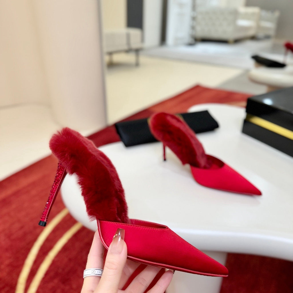 Red crystal backless high-heeled mules, 10cm heel.