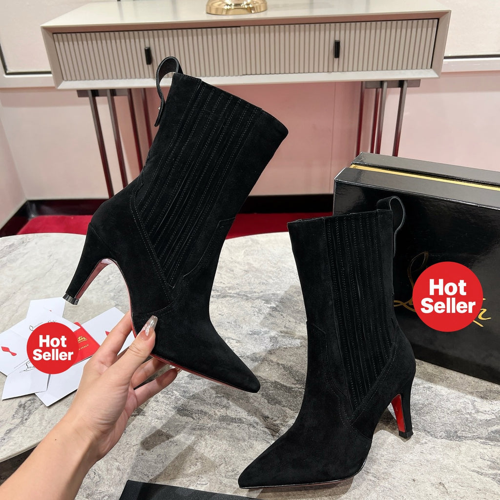 Black sheep suede mid-calf boots, 10cm heel.