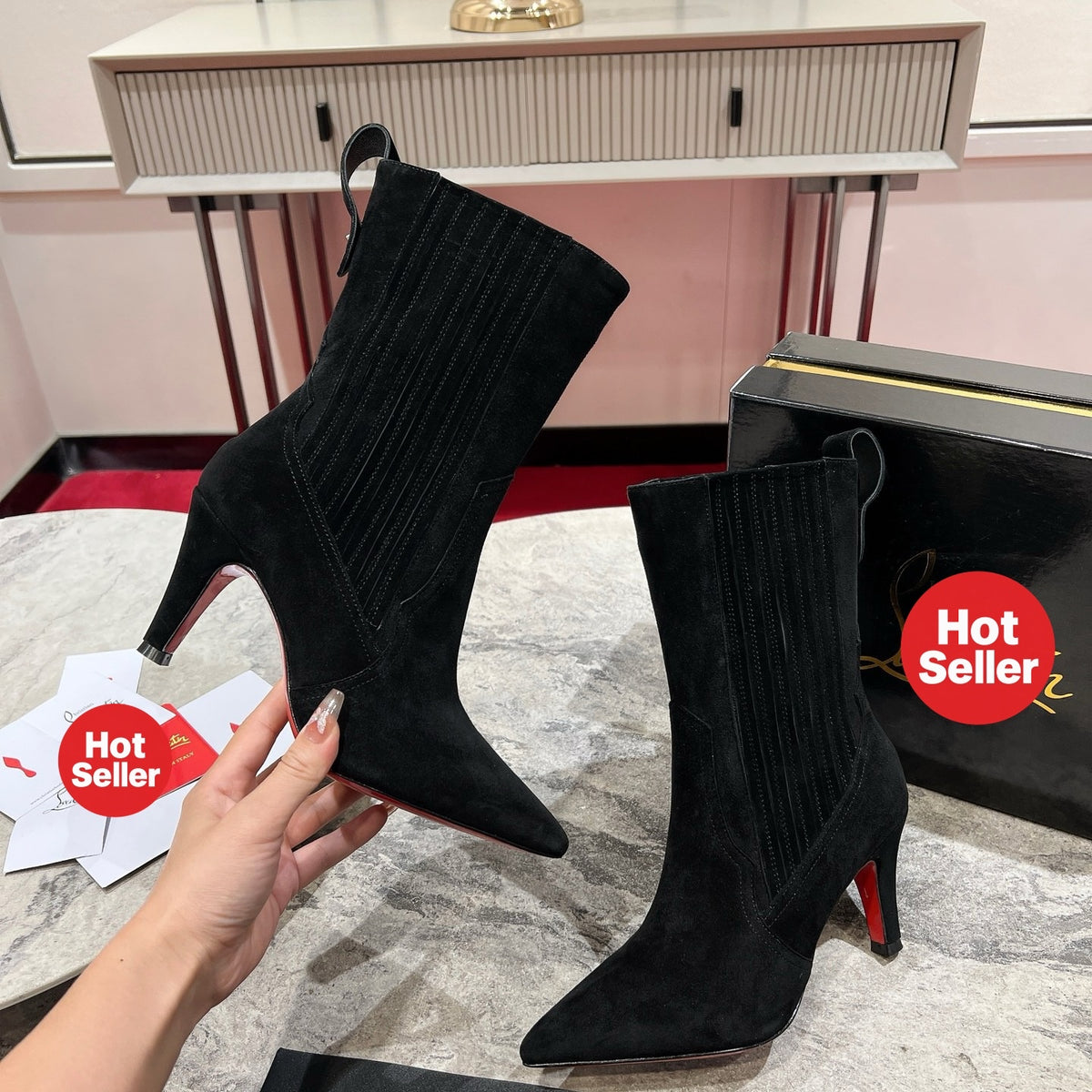 Black sheep suede mid-calf boots, 10cm heel.