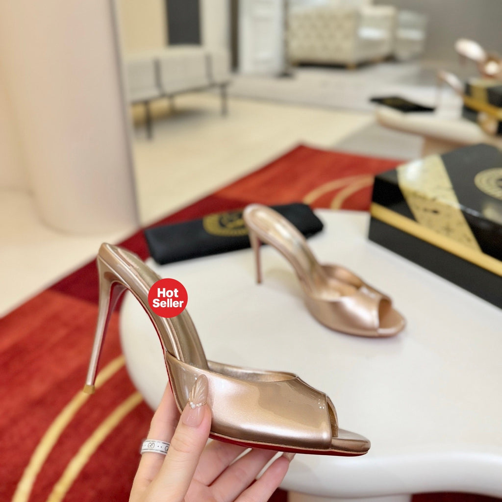 Peep-toe high-heeled mules, 10cm heel.