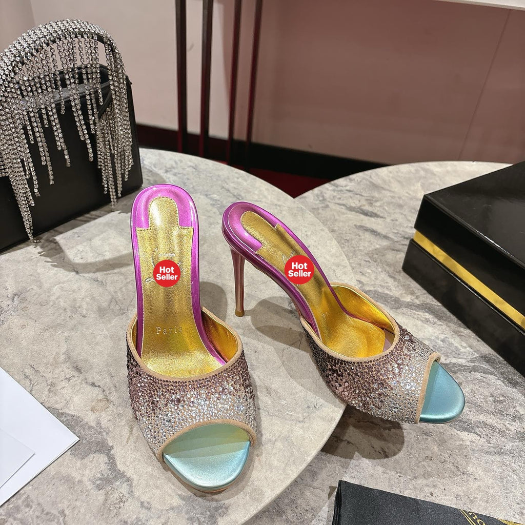 Peep-toe high-heeled slides with colorful rhinestones; 10cm heel.