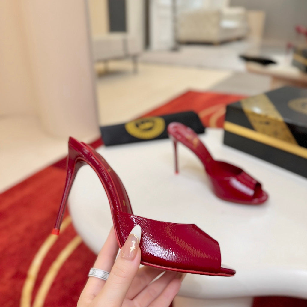 Red patent leather peep-toe high-heeled mules (10cm heel)