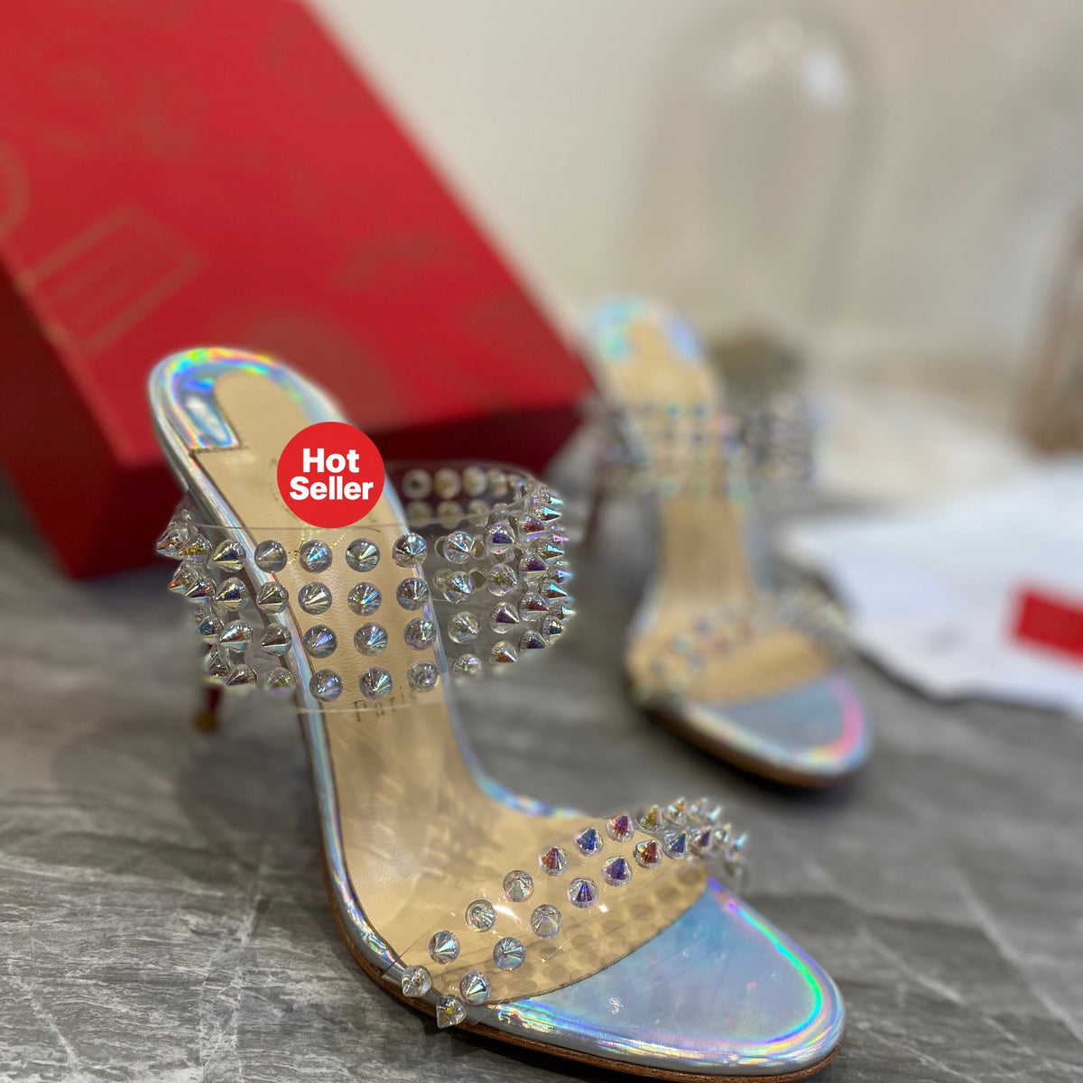 Studded PVC High-Heeled Mules (10cm Heel)