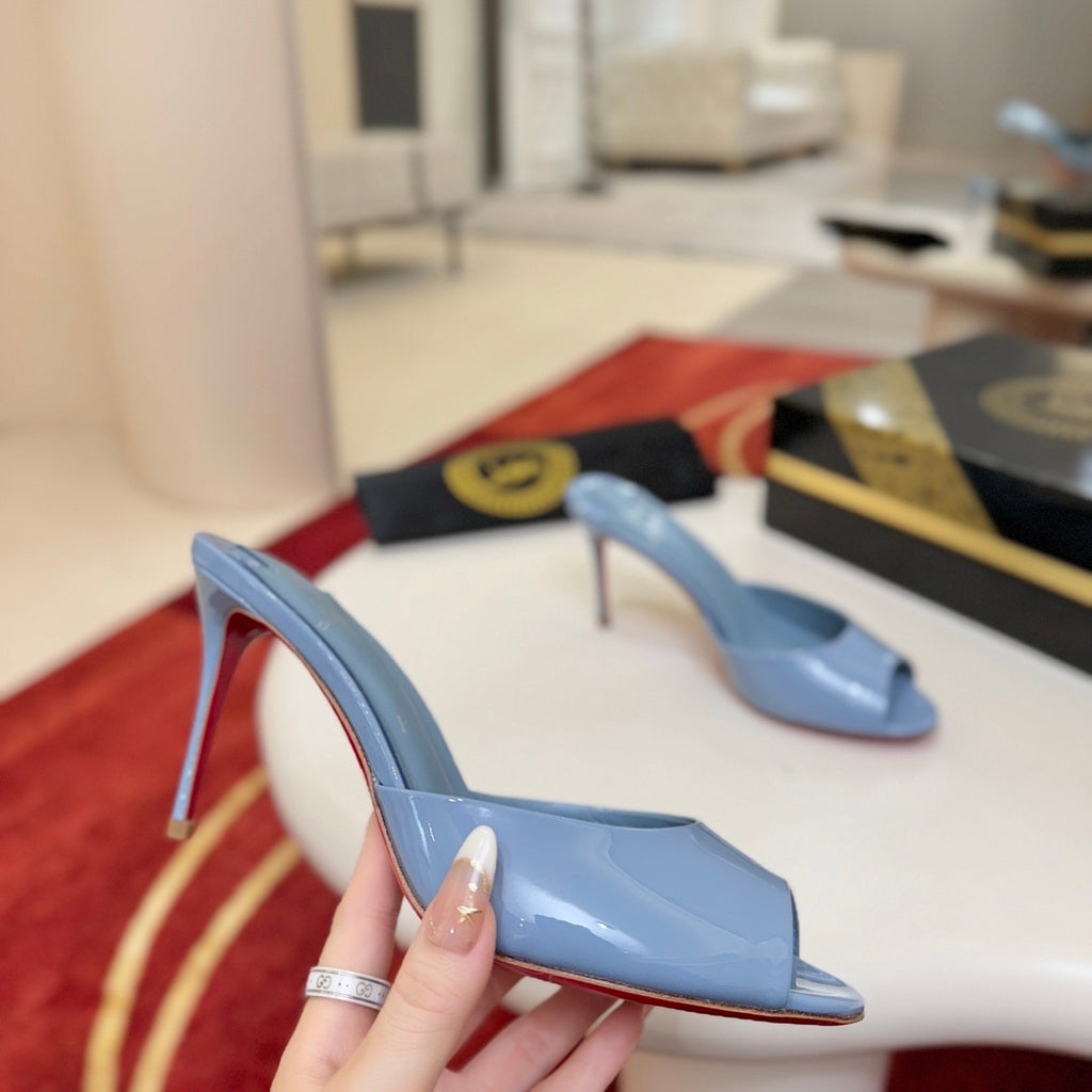 Light blue patent leather peep-toe high-heeled mules (10cm heel)