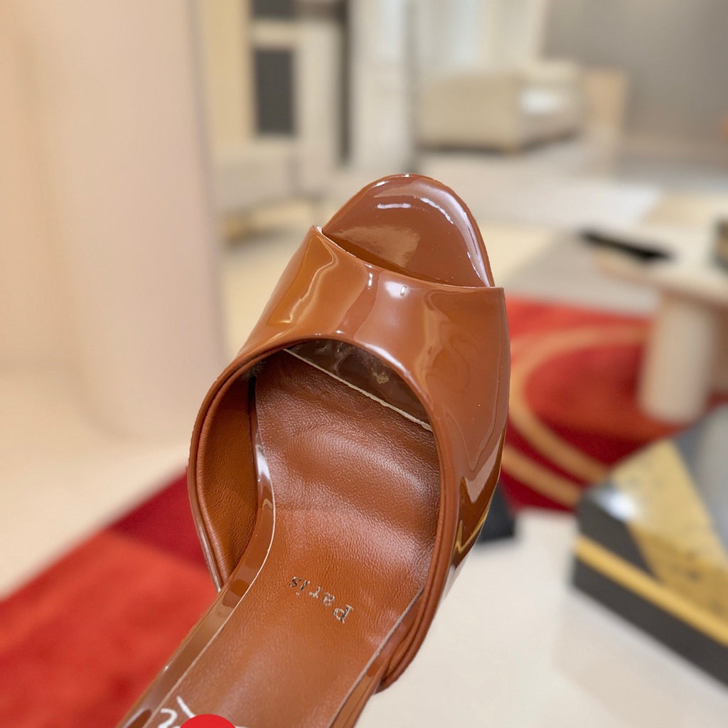 Brown patent leather peep-toe high-heeled mules, 10cm heel.