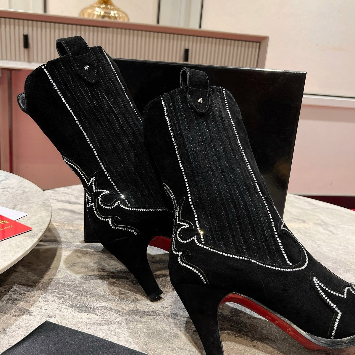 Black suede long boots, 8.5cm stiletto heels.