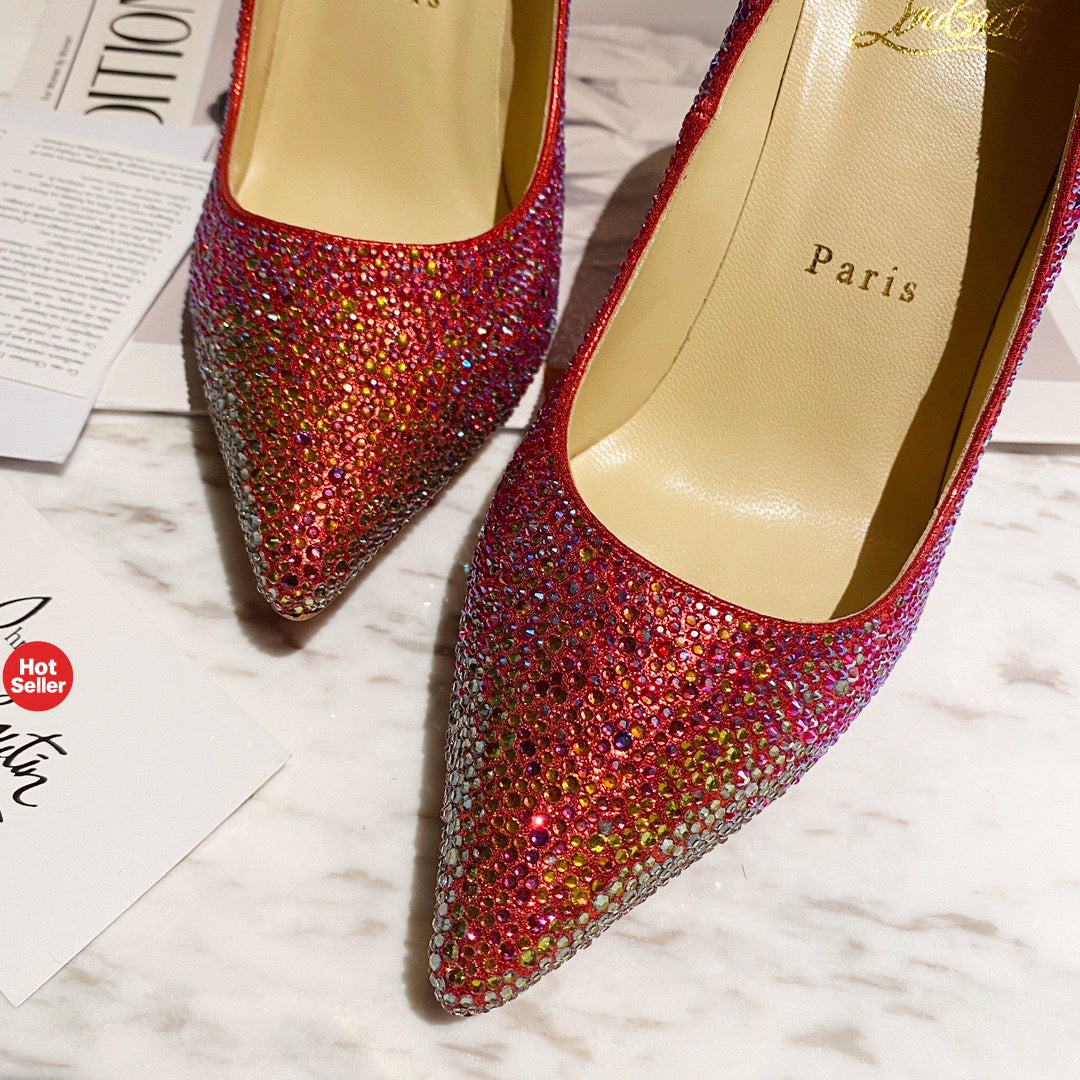 Red fully embellished high heels, 10cm heel.