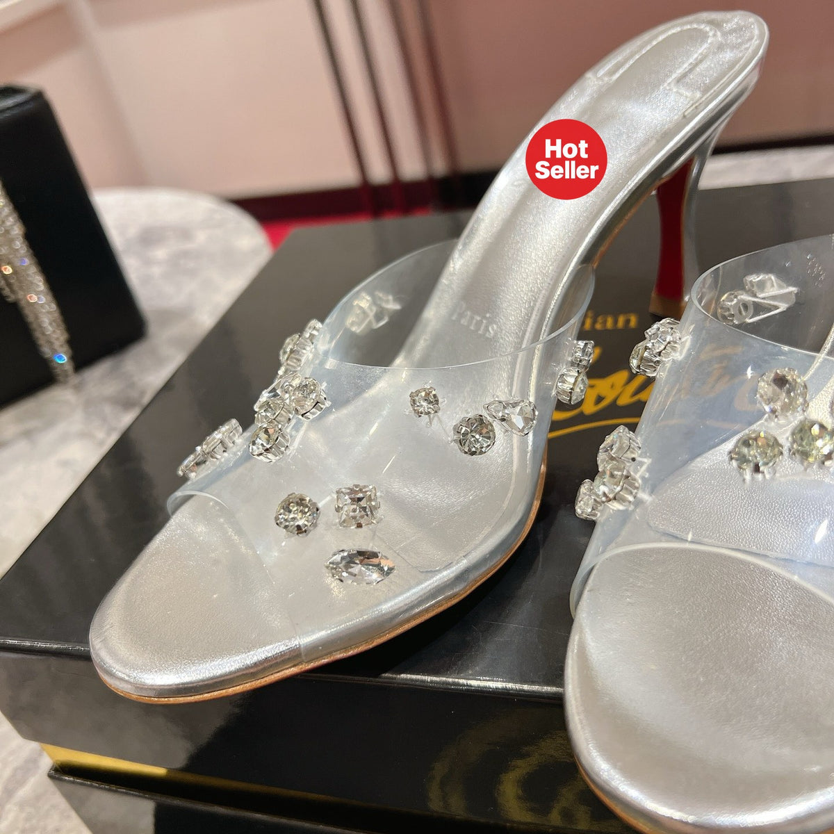 Crystal-embellished high-heeled slides (10cm heel)