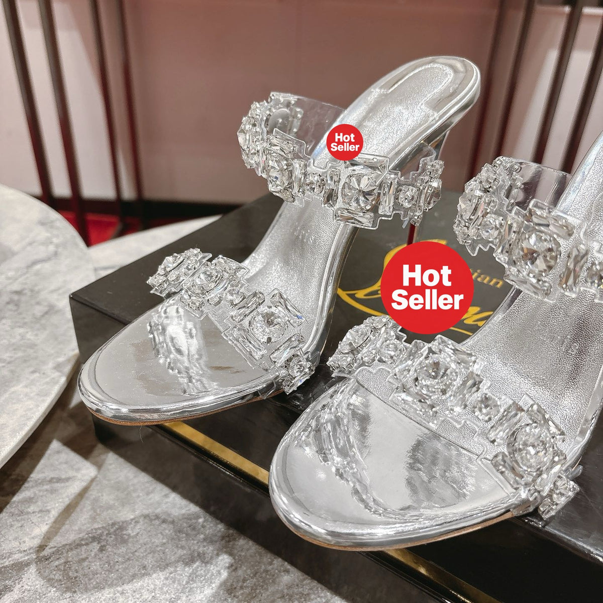 Rhinestone-embellished high-heeled mules, 10cm heel.