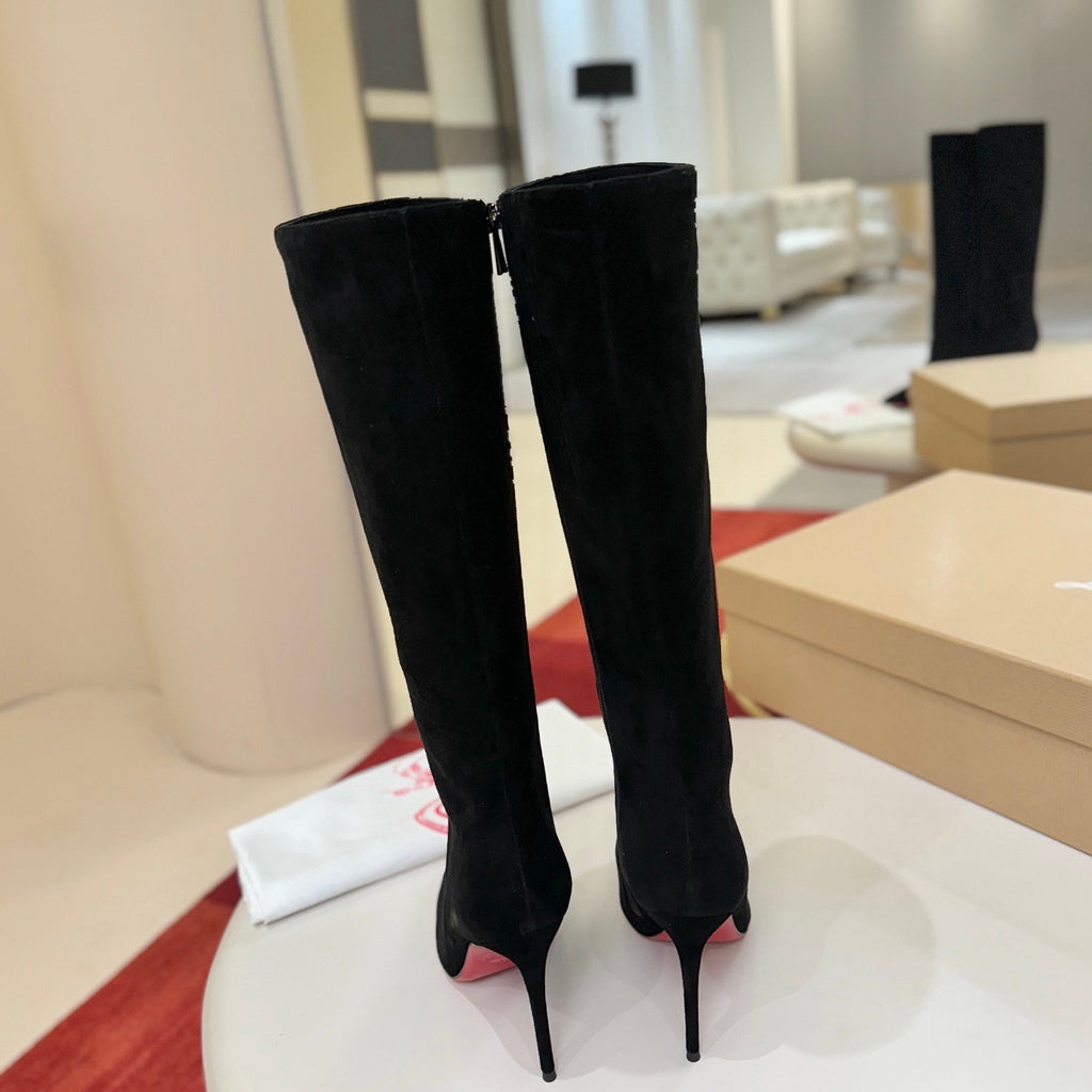Stylish sheep suede tall boots, 10cm heel.