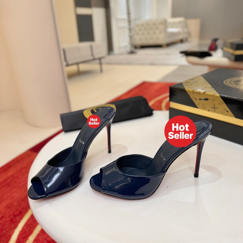 Deep blue patent leather peep-toe high-heeled mules, 10cm heel.