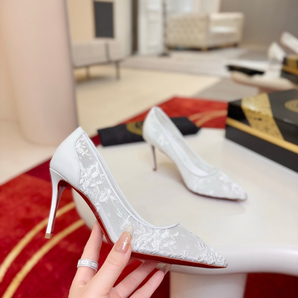 White lace high heels, 8.5cm heel.