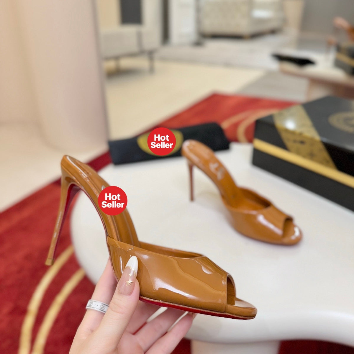 Dark brown patent leather peep-toe high-heeled mules (10cm heel)