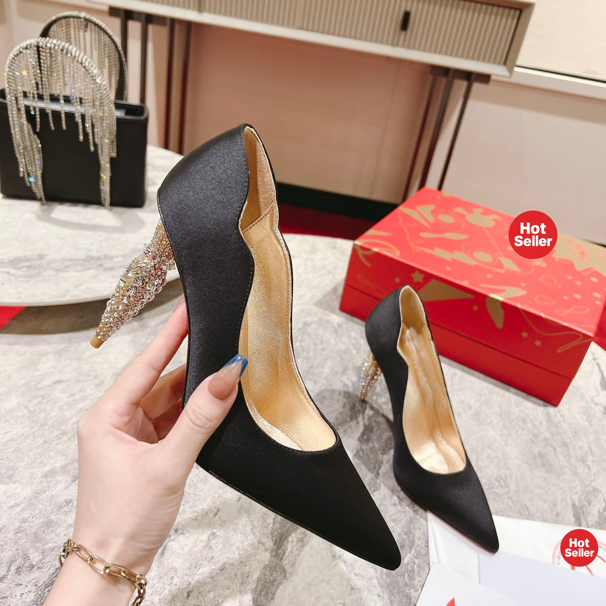 Black cashmere high heels, 10cm heel.