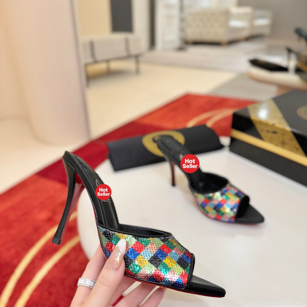 Pointed-toe sequin high-heeled mules (10cm heel)