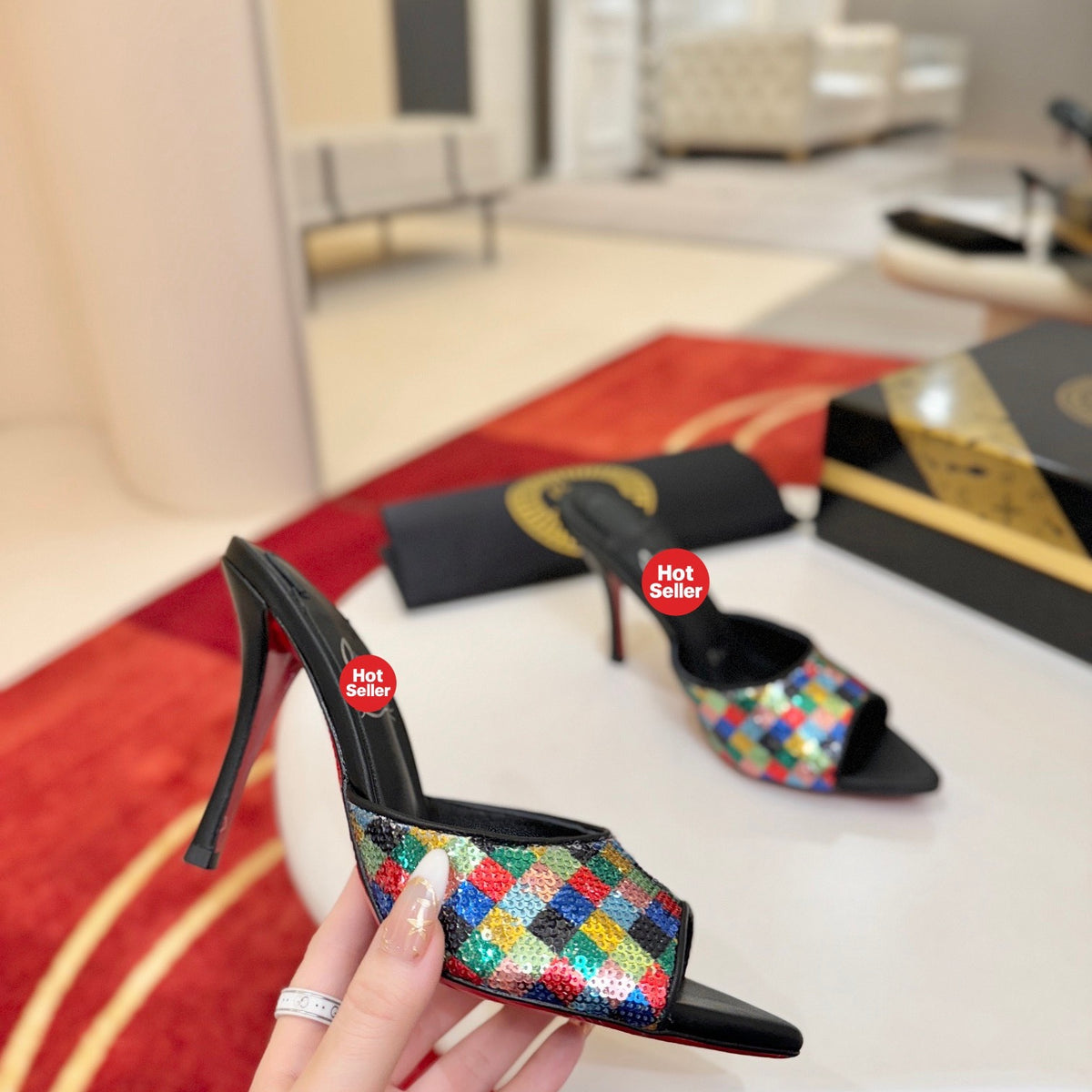 Pointed-toe sequin high-heeled mules (10cm heel)