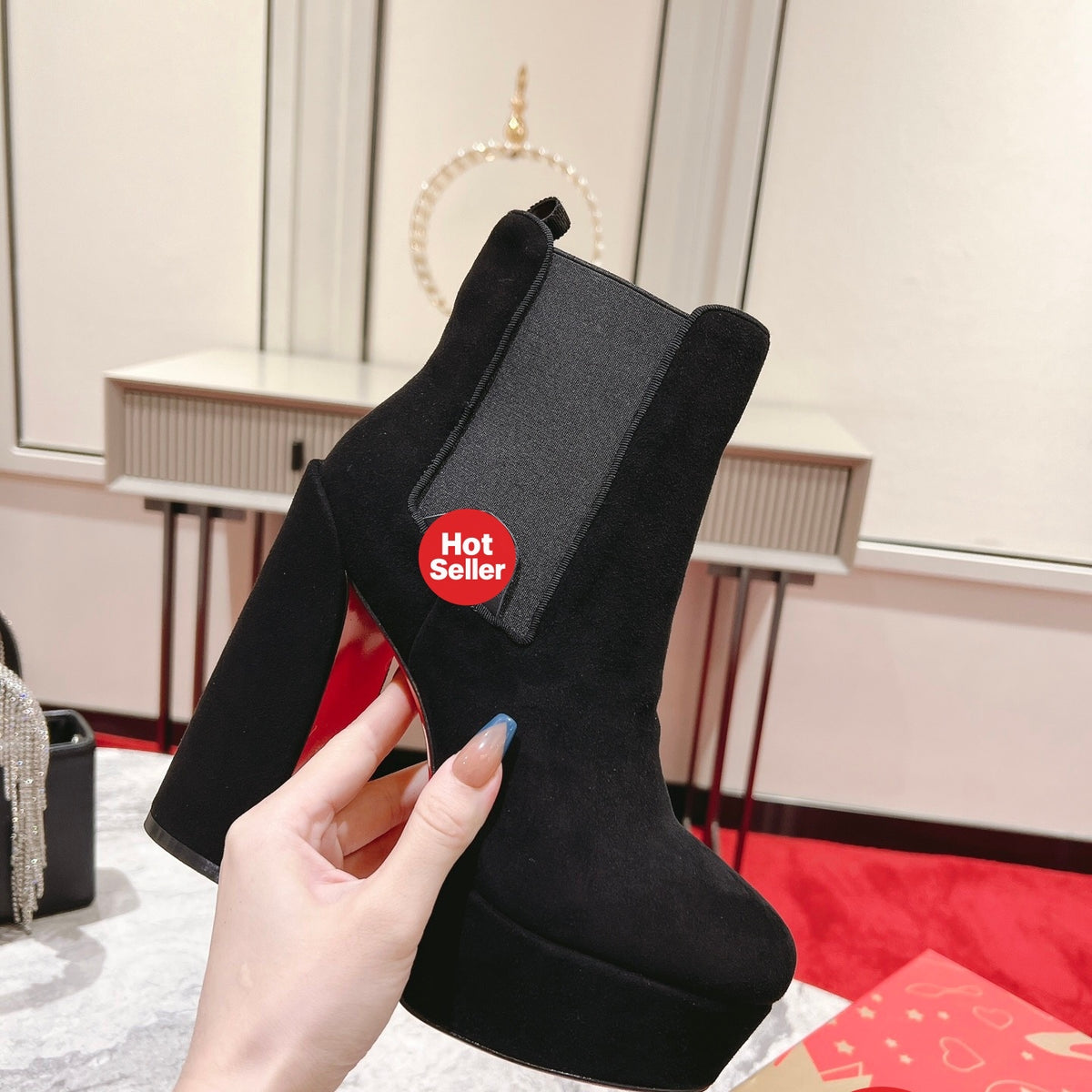 Black suede ankle boots, 13cm heel.