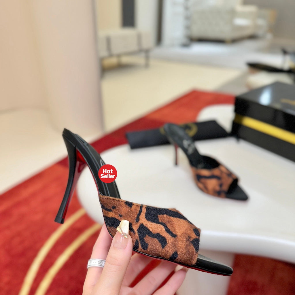 Leopard-print pointed-toe high-heeled mules (10cm heel)