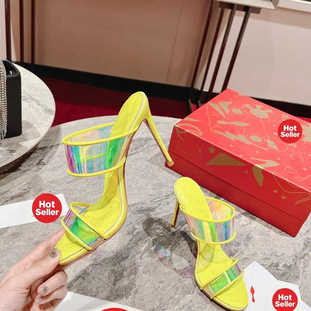 Yellow high-heeled mules, 10cm heel.