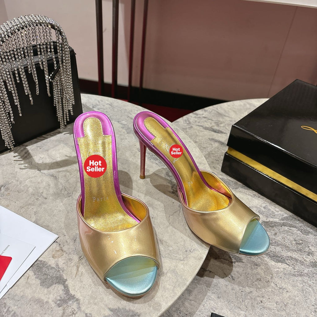 Peep-toe colorful high-heeled mules, 10cm heel.