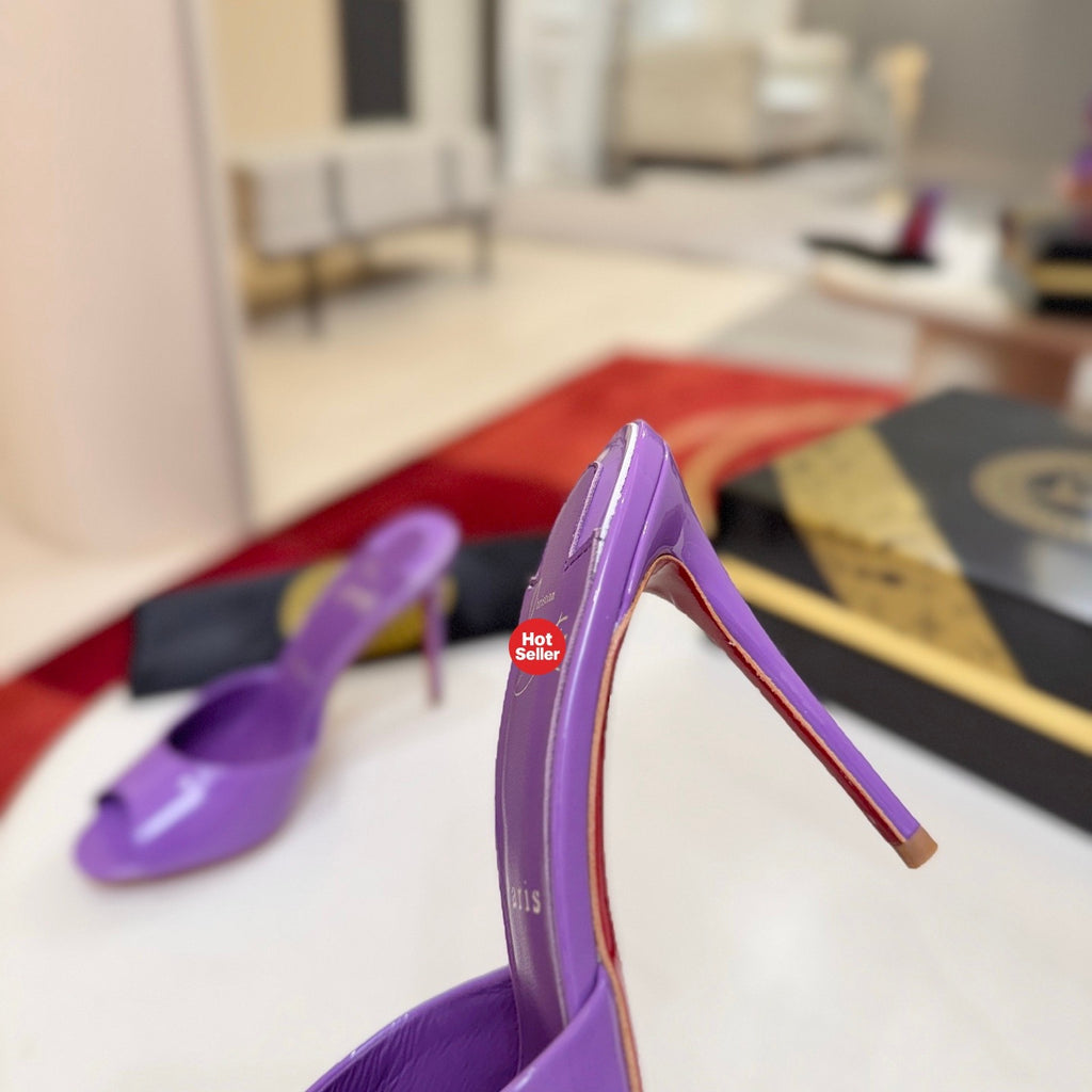 Purple high-heeled mules, 10cm heel.