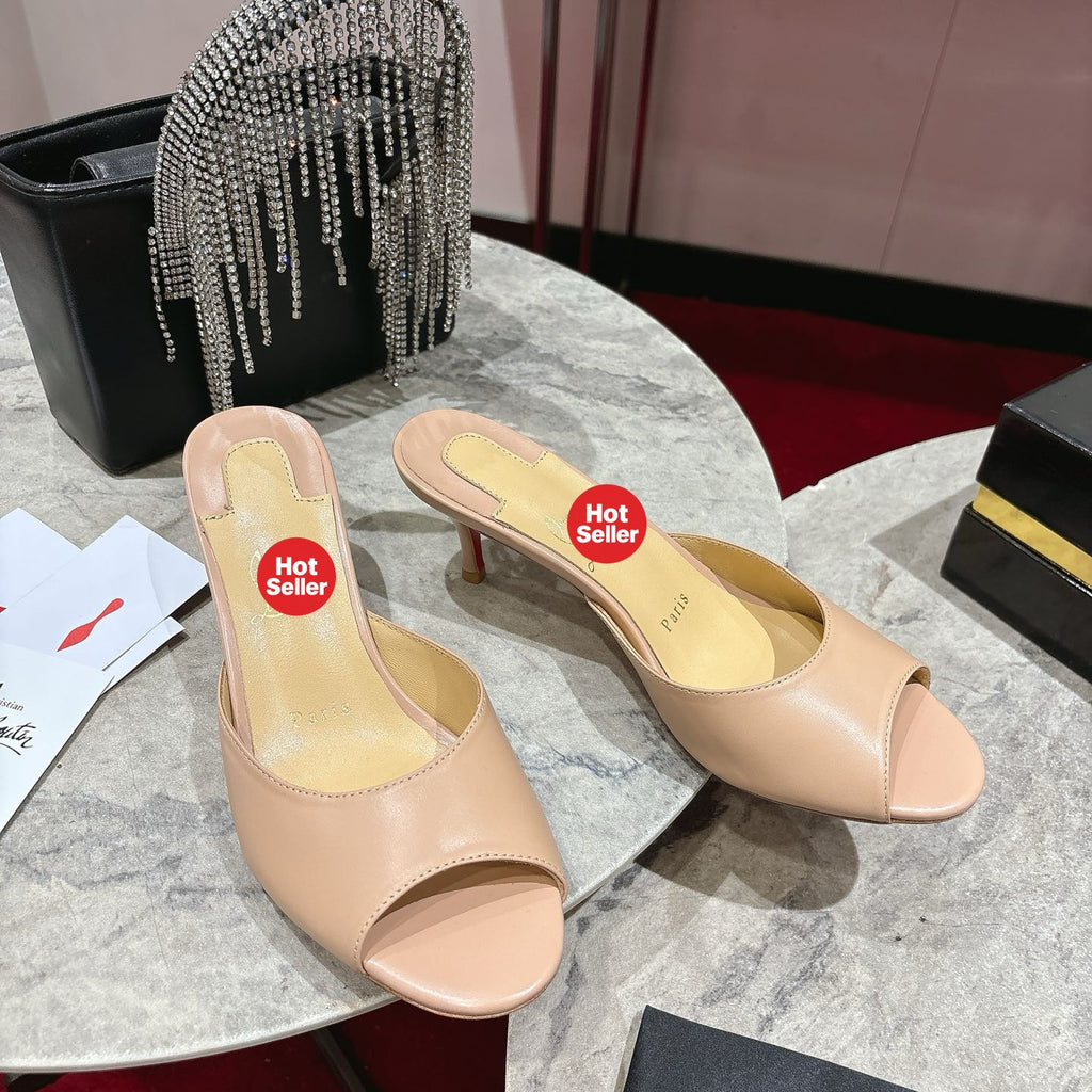 Apricot high-heeled mules, 8.5cm heel.
