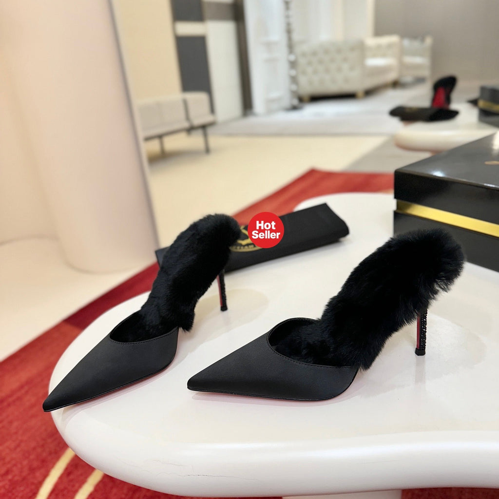 Black crystal high-heeled mules, 10cm heel.